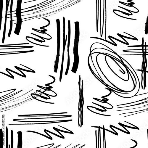 Seamless pattern of random doodles. Black and white vector illustration. Design for textile, packaging, website, wrapping, printing, stationery, scrapbooking. Contemporary minimalism.