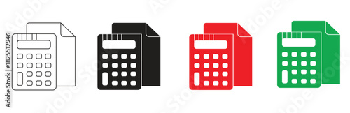 Set of calculator icons and paper documents in outline, black, red, and green colors isolated on white background, representing accounting finance business and calculations
