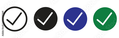 A set of four check mark icons including a simple outline, solid black, blue, and green variants, isolated on a clean white background for versatile graphic design applications.