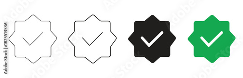 A set of four stylized checkmark icons in various styles including outline black solid and green versions isolated on a white background representing confirmation and approval for digital use