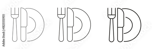 Set of simple outline icons representing a plate with a knife and fork, perfect for food, restaurant, and dining concepts isolated on a clean white background.