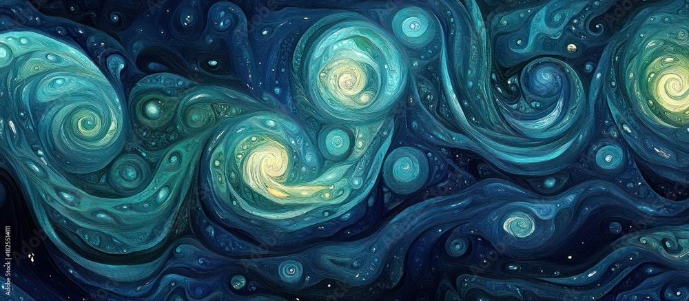 Fototapeta premium Abstract painting of swirling blue and green patterns with stars.