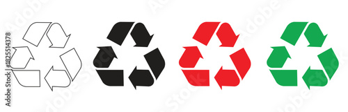 Multiple variants of recycle symbols in outline, black, red, green, for environmental protection, waste reduction, sustainability, isolated on transparent background.