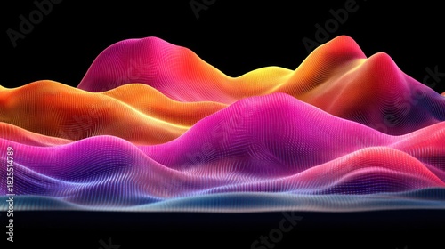 Colorful, wavy, 3D landscape on black background