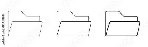 Multiple variants of simple black outline folder icons, perfect for illustrating digital data, file organization, document storage, and computer directories, isolated on transparent background.