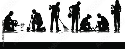 Black and white silhouette vector banner showing a diverse group of people, including men and women, planting, watering, and maintaining plants and soil in a community gardening project.
