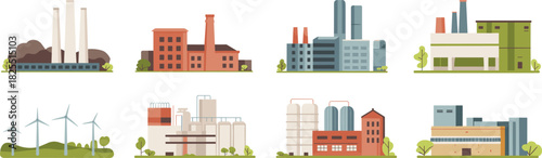 Industrial factory buildings and manufacturing plant illustrations, modern industry production icons, energy facilities set with environmental elements, vector design collection