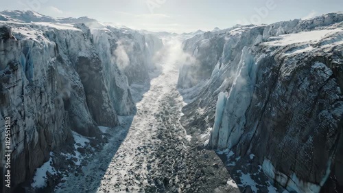 Majestic Glacier Valley with Sunlit Ice Formations and Towering Cliffs.