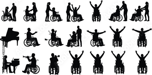 Disability, wheelchair, care, music, assistance, disabled, help, silhouette, vector, empathy, rehabilitation, active, people, diverse, celebration,