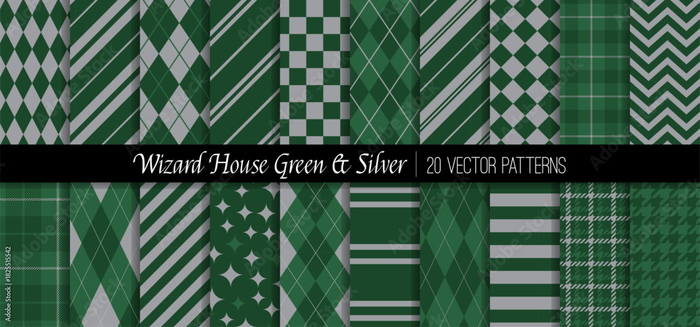 Obraz premium Wizard School Green and Silver House Vector Patterns. Preppy Argyle, Stripes, Checks, Tartan Plaid and Harlequin. Repeating Pattern Tile Swatches Incl.