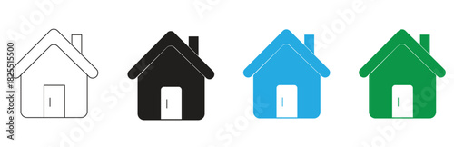 A collection of simple house icons in various styles including outline, solid black, blue, and green, isolated on a clean white background representing residential symbols and real estate concepts.