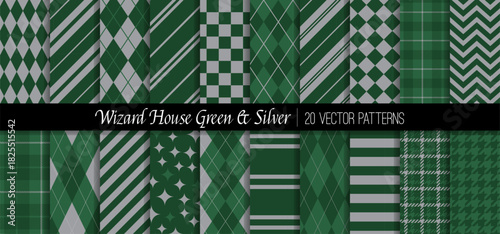 Wizard School Green and Silver House Vector Patterns. Preppy Argyle, Stripes, Checks, Tartan Plaid and Harlequin. Repeating Pattern Tile Swatches Incl.