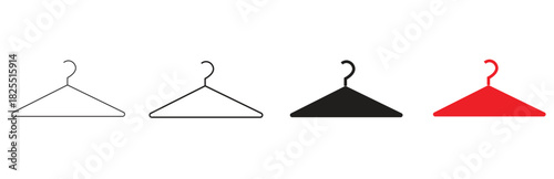 A set of four clothing hangers in various styles including outline, solid black, and a bright red icon, all isolated on a clean white background for easy integration into design projects.