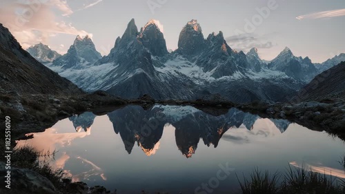 Majestic Mountain Peaks Reflected in a Serene Alpine Lake at Sunrise.