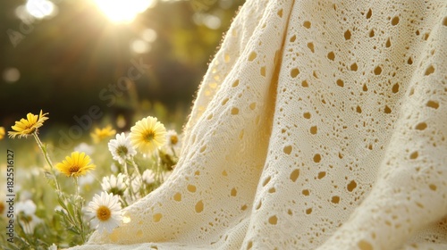 Fototapeta Naklejka Na Ścianę i Meble -  Cream crochet blanket in a meadow