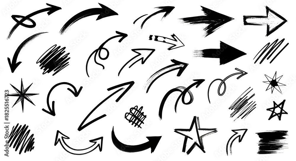 Fototapeta premium Collection of hand drawn arrows and scribbled elements on white background