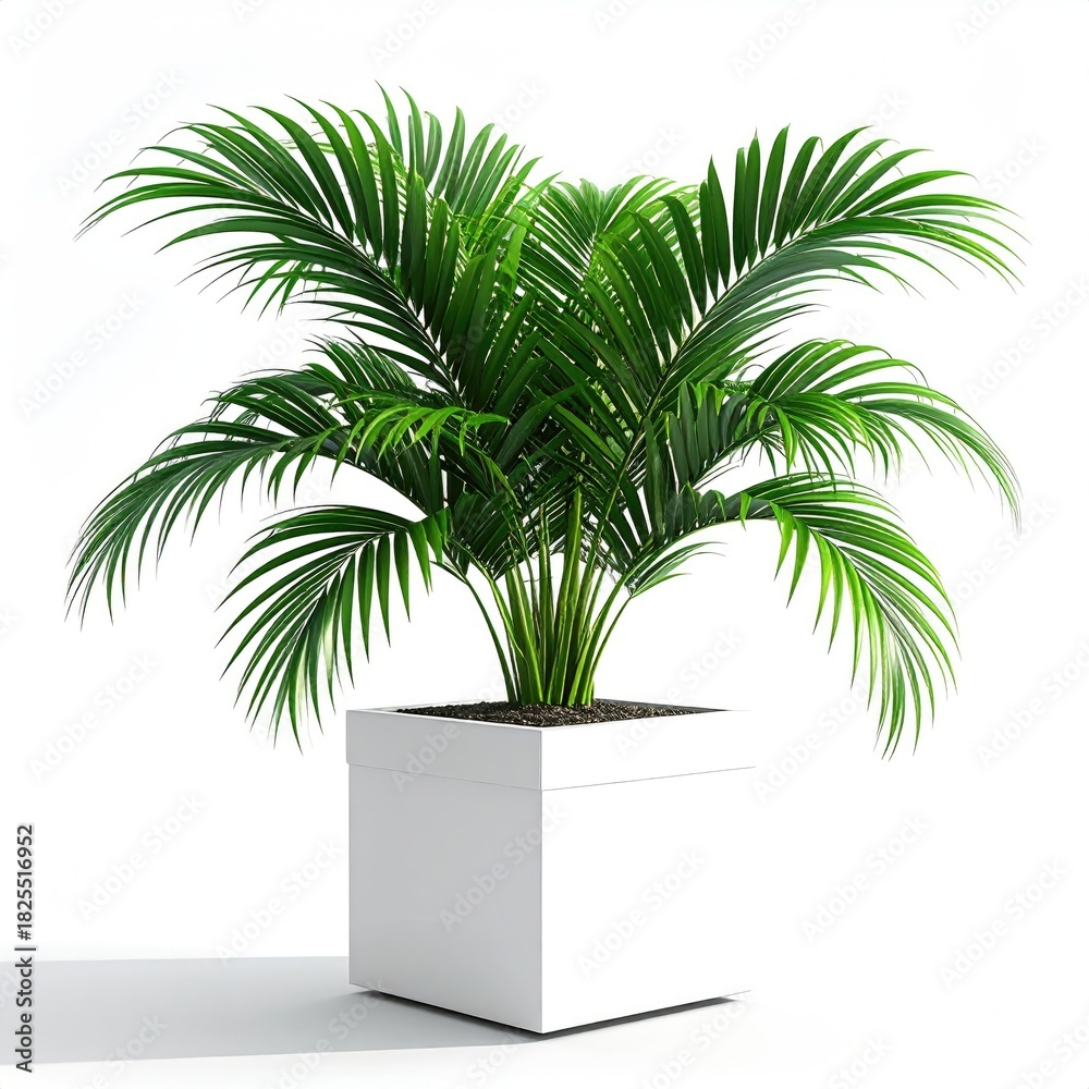 Obraz premium Potted palm tree, vibrant green leaves, square white pot