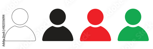 Set of four diverse user profile icons including a black silhouette outline red and green solid fill isolated on white background representing abstract human figures for diverse representation.