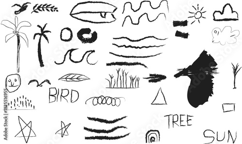 Black ink doodles of nature objects and abstract shapes on white bird leaf