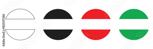 a set of four different semicircle shapes in black, red, and green colors, alongside outlines of semicircles, isolated on a white background for design elements and graphic resources