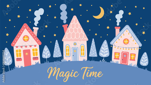 Winter Christmas landscape with snowy houses and trees