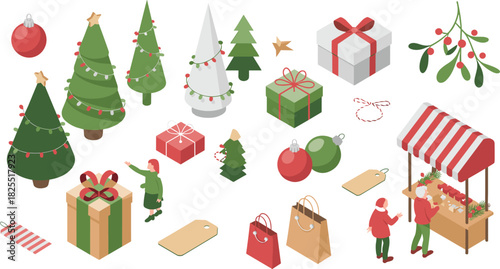 Isometric Christmas market scene with decorated trees, gifts, ornaments, shoppers, festive stalls, holiday decorations, winter celebration elements, seasonal artwork
