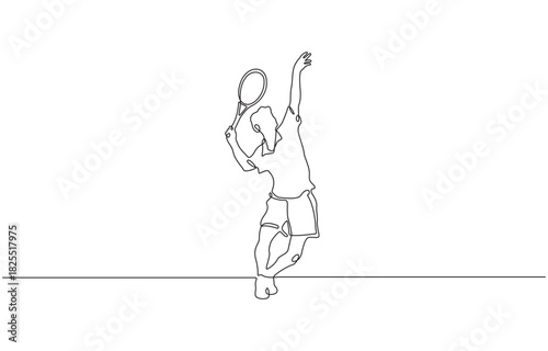 Continuous one line drawing of tennis player action pose in vibrant isolated on transparent background.