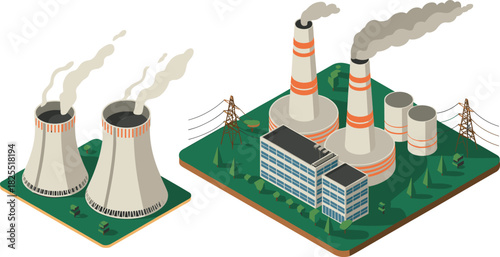 Isometric power plant illustration, industrial energy facility with cooling towers, smokestacks, electricity grid infrastructure, fossil fuel station, environmental impact concept design