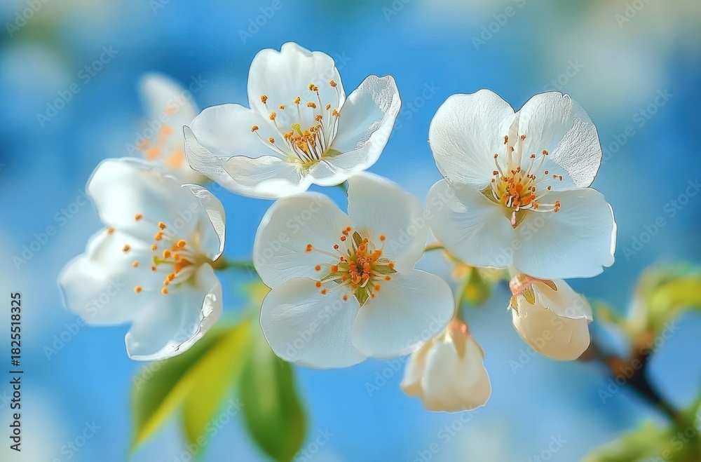 Obraz premium Delicate white spring blossoms with golden stamens and unopened buds on a leafy branch against a soft blue sky, evoking calm, fresh and peaceful springtime serenity