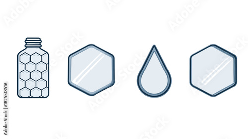 Modern vector icons: hexagonal water bottle, geometric shapes, and a clean water droplet illustration for hydration concepts.