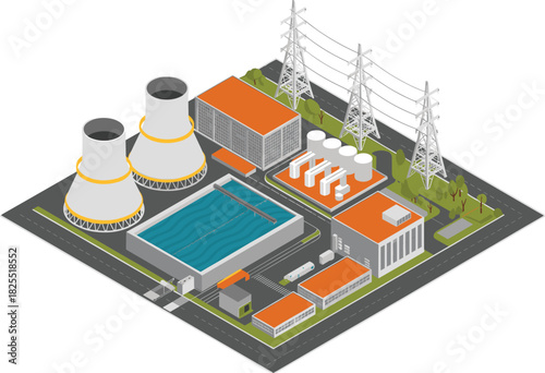 Isometric power plant illustration, modern industrial energy facility, cooling towers, electricity production infrastructure, renewable energy concept, detailed 3D design