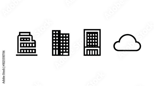 Set of minimalist line art icons: modern office buildings, residential blocks, and a cloud symbol for architecture, city, and tech design.