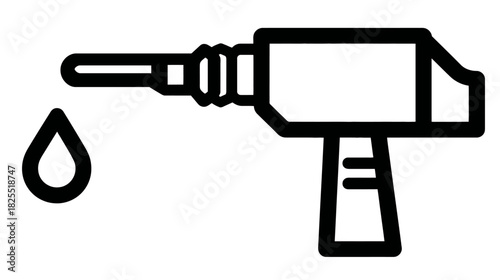 Black outline icon of a fuel pump nozzle with a single drop, symbolizing gasoline, petrol, energy, and petroleum products