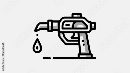Gas pump nozzle with a dripping fuel drop, black and white line icon illustration. Energy, gasoline, oil, and petrol concept graphic.