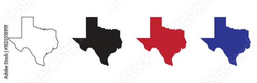 Set of texas map silhouettes in outline black solid black red and blue isolated on a clean white background representing american states geography and usa tourism