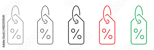 Multiple variants of black, red, and green outline discount price tags with percentage symbols, perfect for sales, promotions, and e-commerce deals, isolated on transparent background.