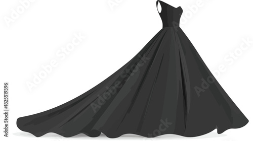 Elegant Black Formal Gown with Dramatic Long Train Isolated on White. Luxurious Evening Wear for Special Occasions and Fashion.