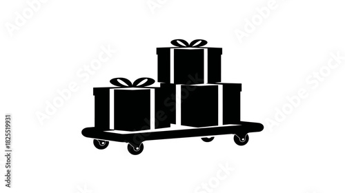 Black silhouette icon of gift boxes stacked on a hand truck, symbolizing delivery, presents, and special occasion logistics.