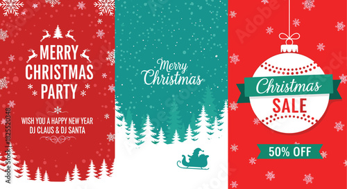 Festive christmas party and sale banners with snowflakes, trees, santa claus, and ornaments for holiday promotions and seasonal greetings