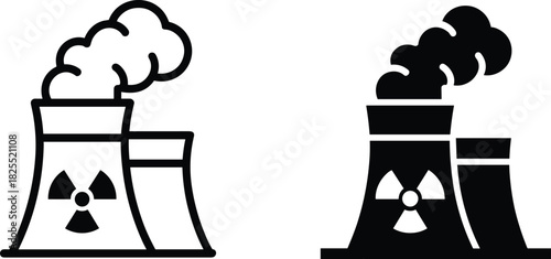 Minimalist nuclear power plant icons, atomic energy symbol, industrial cooling towers, radiation sign illustration, clean vector design for technology concepts