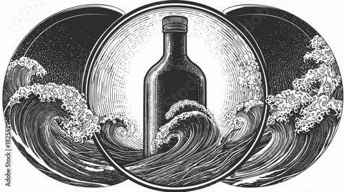 Vintage engraving illustration of a bottle surrounded by dramatic ocean waves in a circular frame, black and white artwork