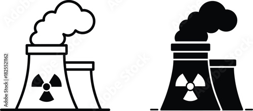 Minimalist nuclear power plant icons, atomic energy symbol, industrial cooling towers, radiation sign illustration, clean vector design for technology concepts