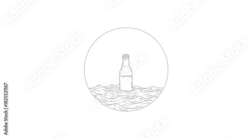 Minimalist line art illustration of a bottle floating on rough water inside a circle, symbolizing a message or hope