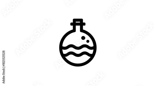 Outline Potion Bottle Icon with Liquid and Stopper. Minimalist vector graphic for magic, alchemy, science, elixirs, and fantasy concepts.