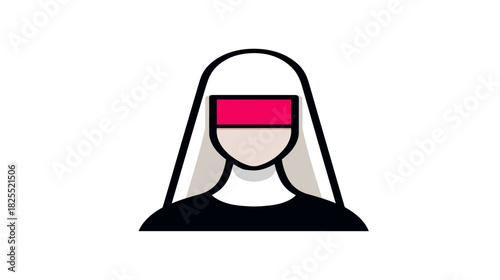 Minimalist flat design vector icon of a nun or religious woman in a habit with a red bar covering her eyes, isolated on white.