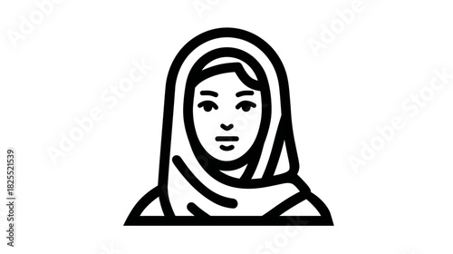 Minimalist line art icon of a woman wearing a headscarf. Elegant vector illustration for diversity, modesty, and multicultural representation.