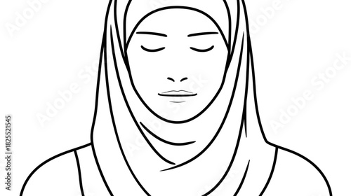 Minimalist line art illustration of a peaceful woman in a hijab with closed eyes, conveying meditation, serenity, and reflection.