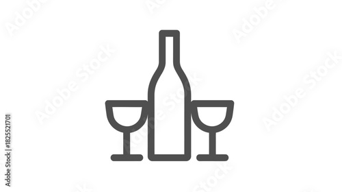 Elegant wine bottle and two glasses line icon. Modern minimalist graphic for alcoholic beverage, celebration, or restaurant menu.