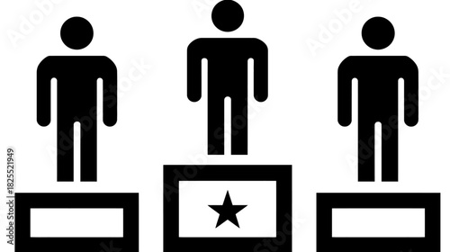 Three male silhouette icons on a black and white winner's podium with a star for first place, symbolizing achievement and competition.