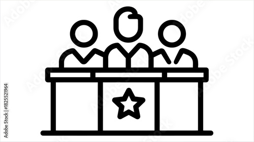 Black and White Line Art Icon of a Jury, Judging Panel, or Experts at a Desk with a Star for Evaluation, Competition, and Review.